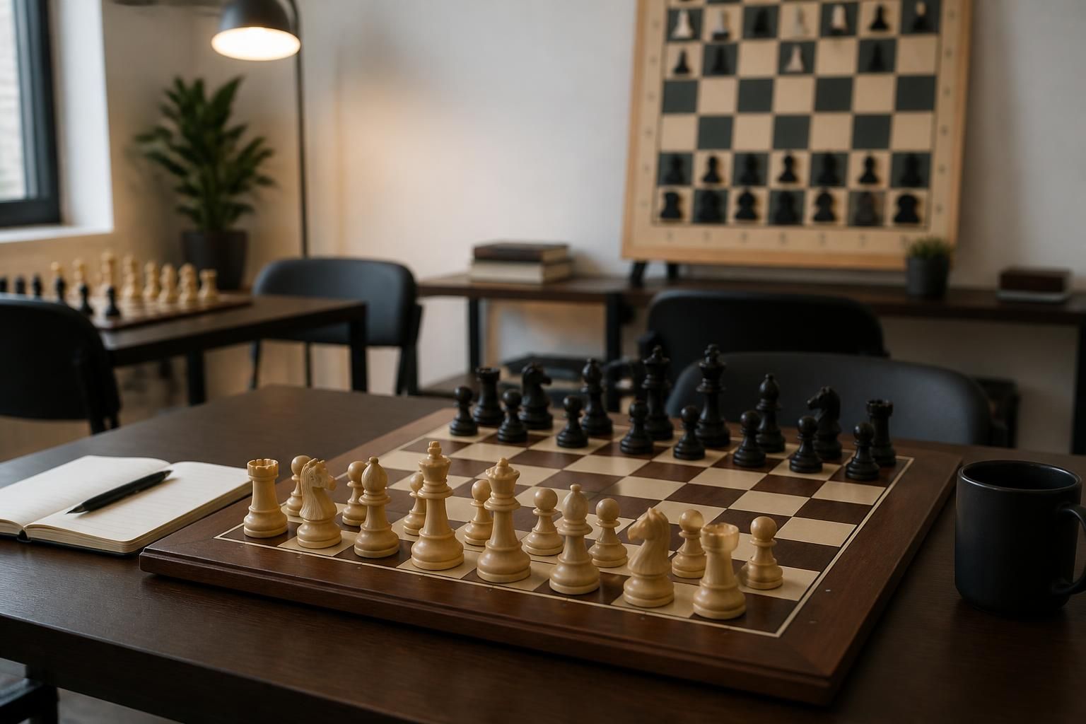 Sophisticated chessboard in a calm adult learning environment.