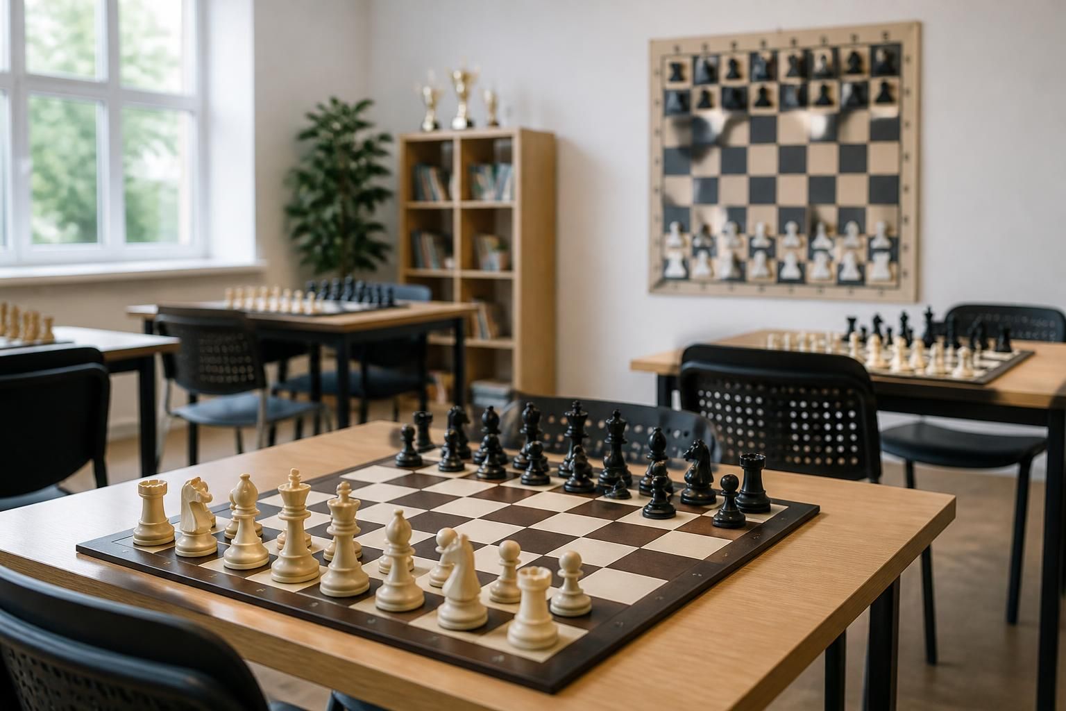 Bright chess camp room with tidy boards and organized seating.
