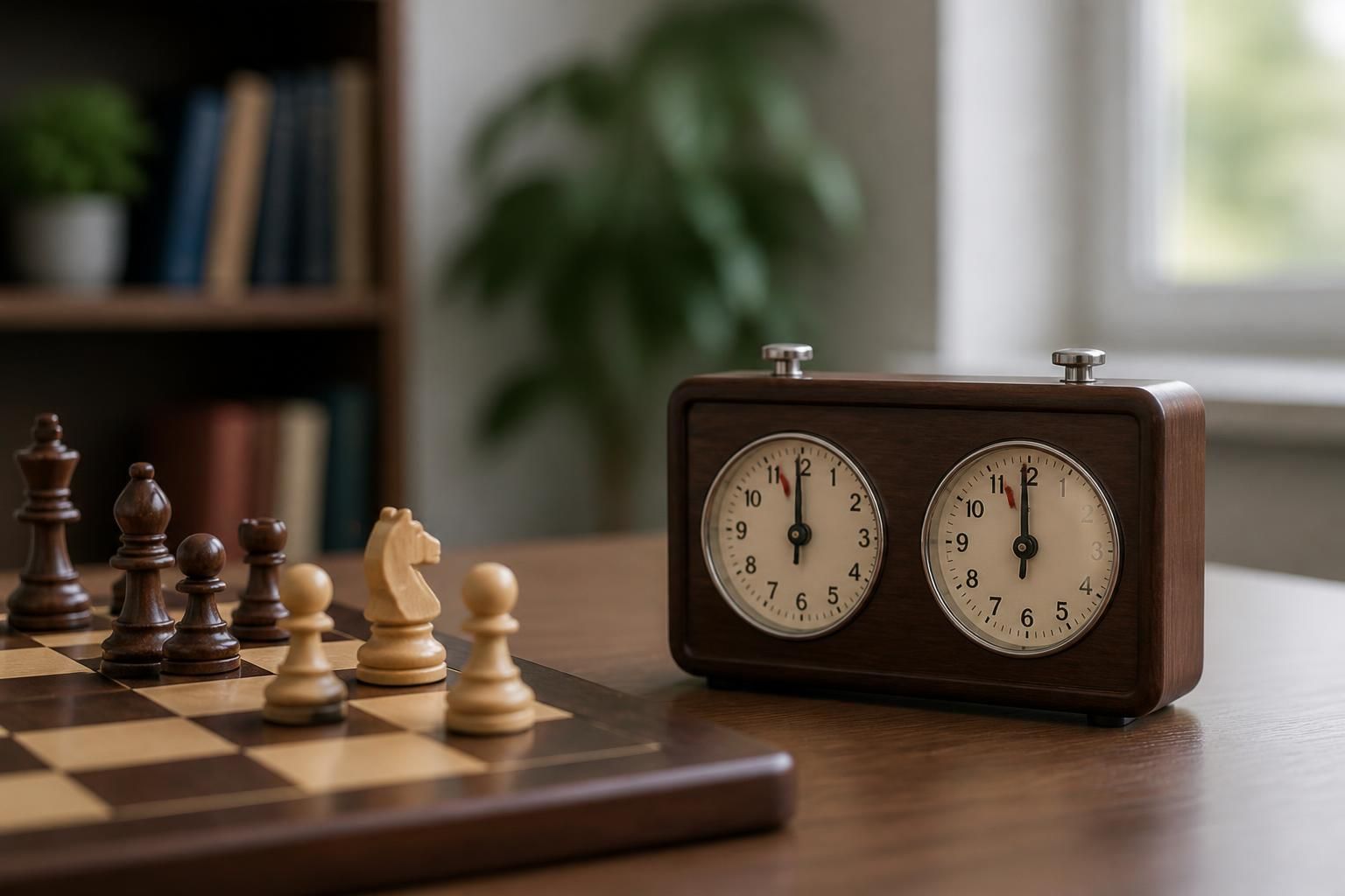 Chessboard and chess clock in a clean learning environment.