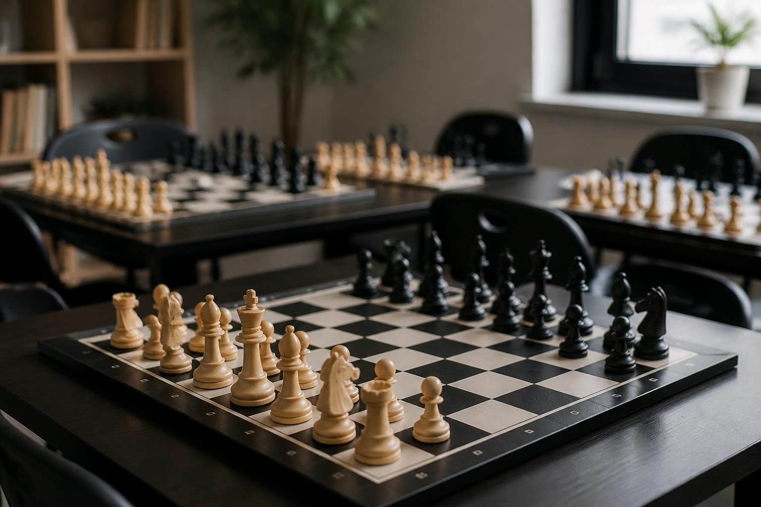 Several chessboards arranged neatly for group training.