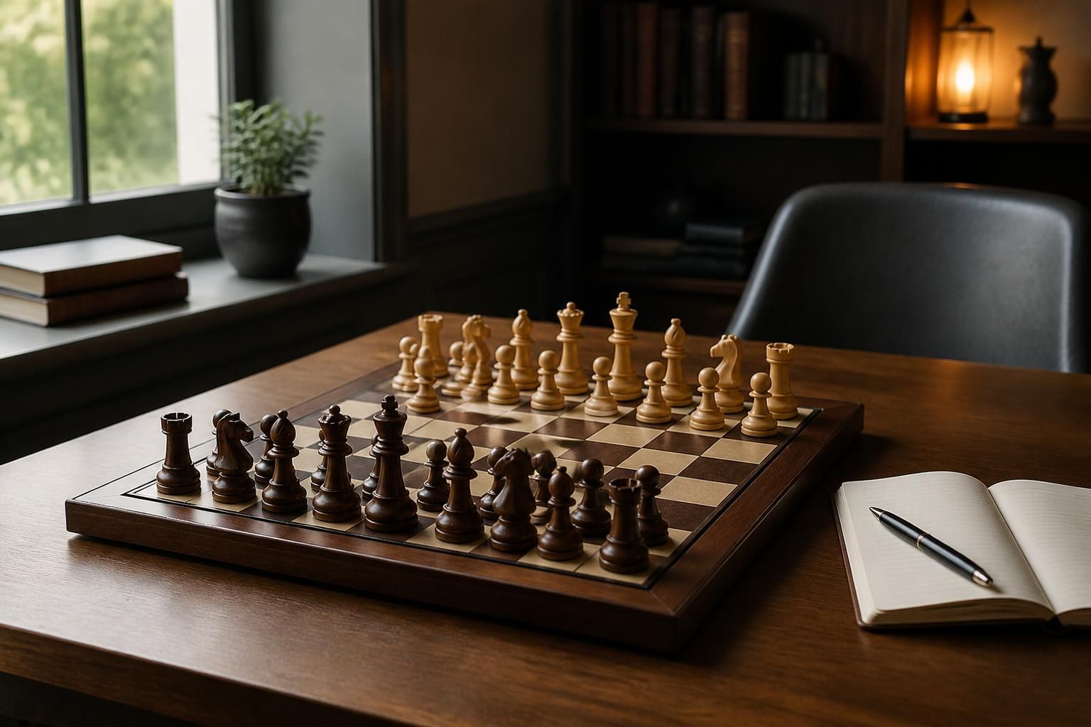 Quiet private chess lesson setup with one elegant board.